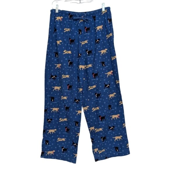 LL Bean Flannel Sleep Pants Womens Size Medium Blue Yellow Lab Black Lab Pajamas - Picture 1 of 11